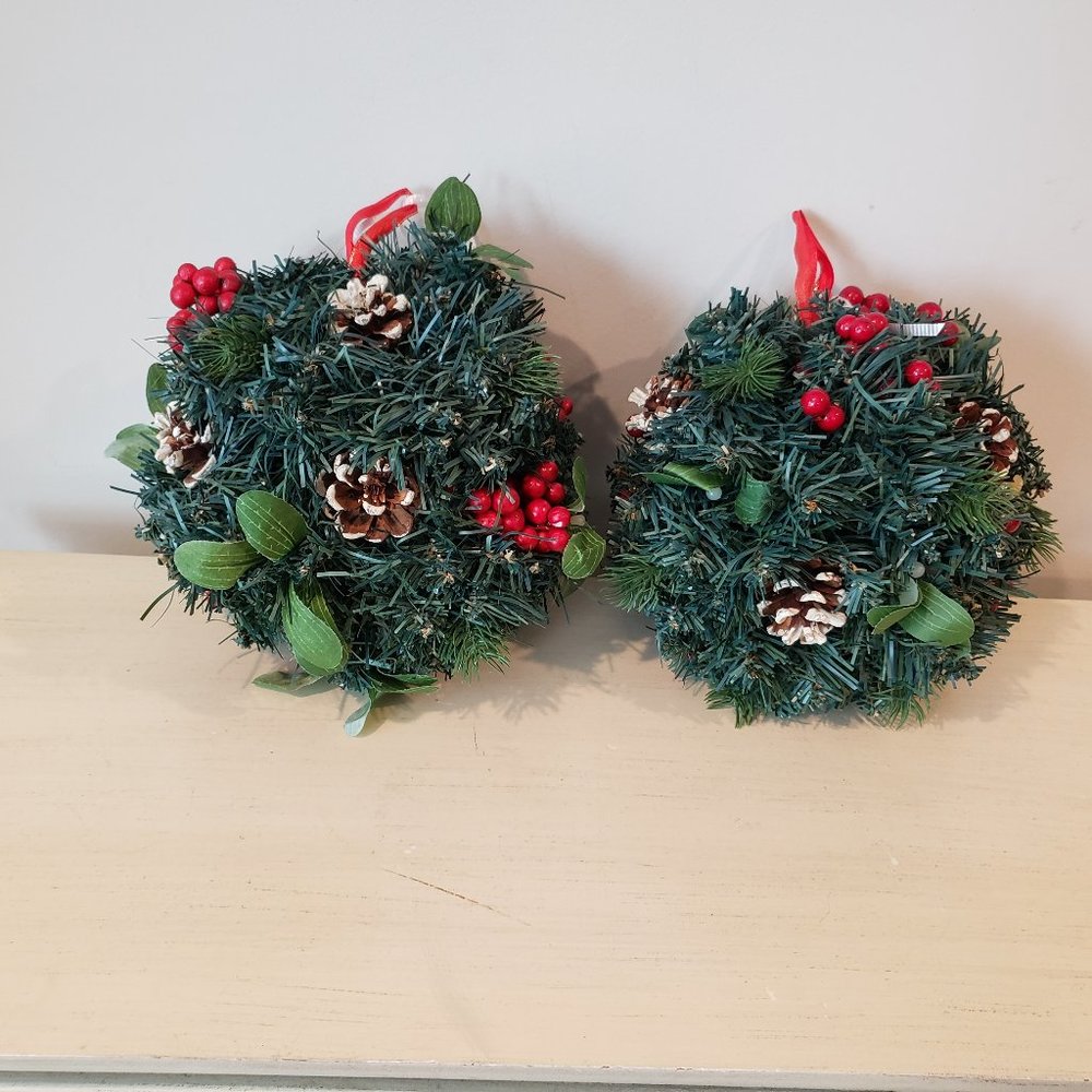2 Round Christmas Orbs Garland Pinecones Berries, with Hangers